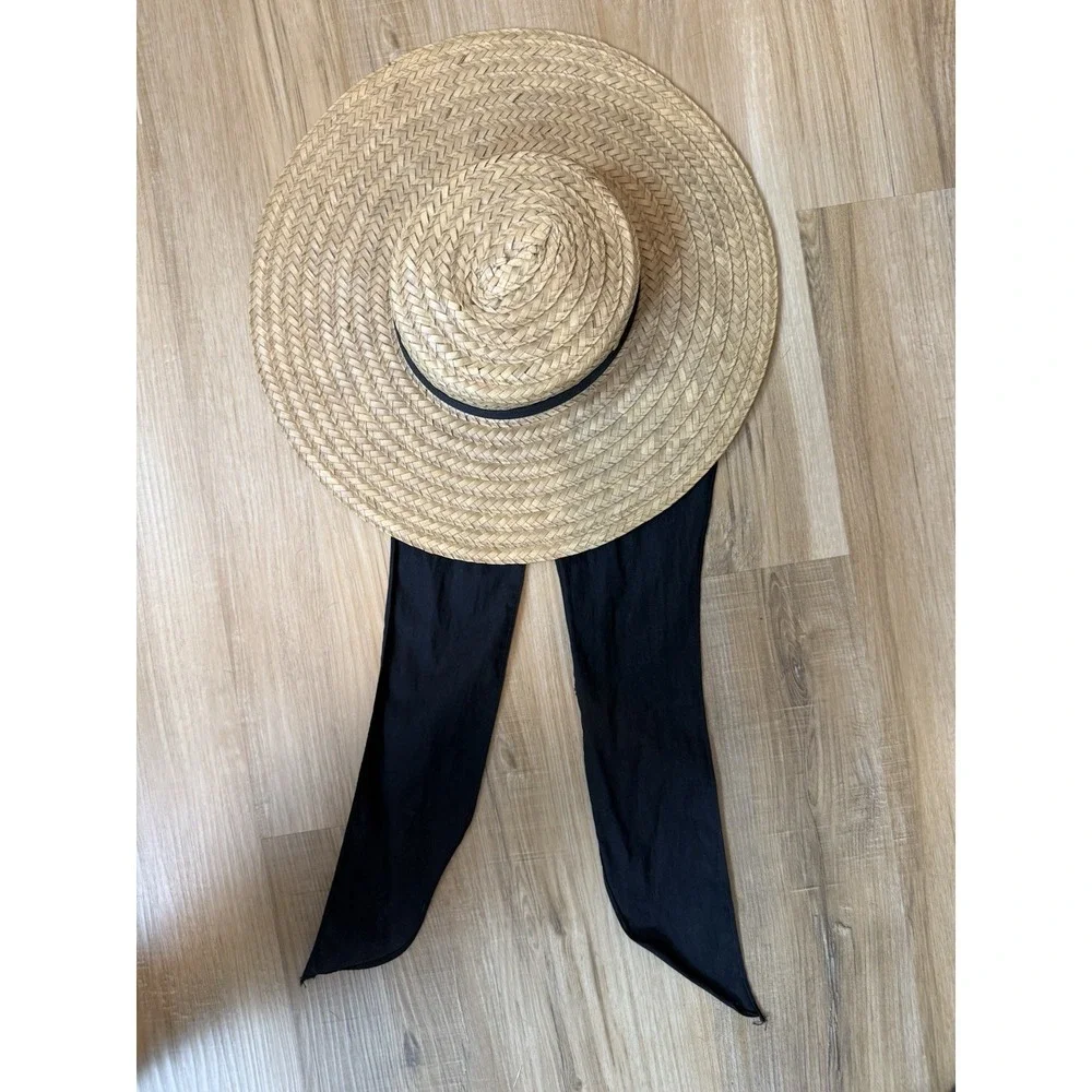 Vintage Straw Sun Hat Wide Brim Black Scarf Tie Garden Party Victorian Style 70s - Picture 6 of 9